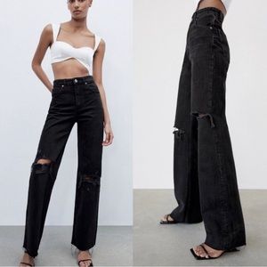 Never worn Zara Black ripped wide leg jeans